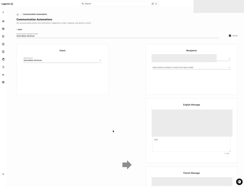 Communication Automation builder with recipients and message content masked, showing Event, Recipients, English Message, French Message, and Active sections