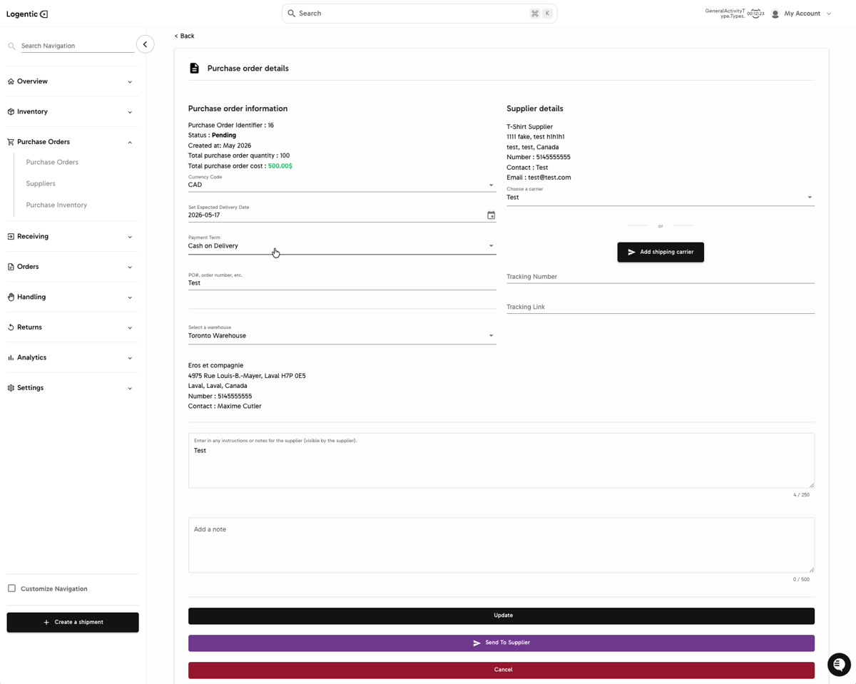 Purchase order details page showing purchase order information, supplier details, and update actions