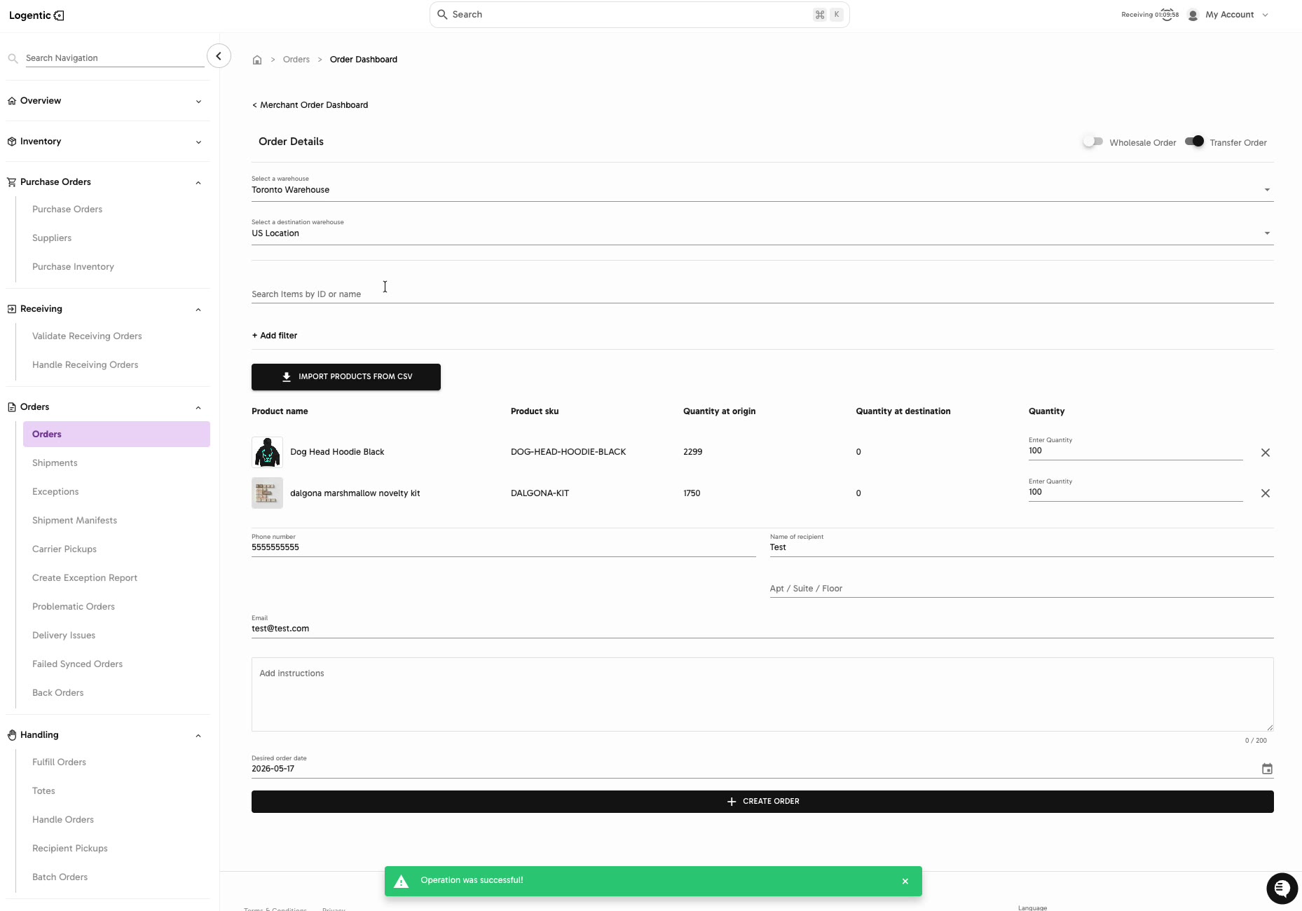 Transfer order form showing Operation was successful after creating the order