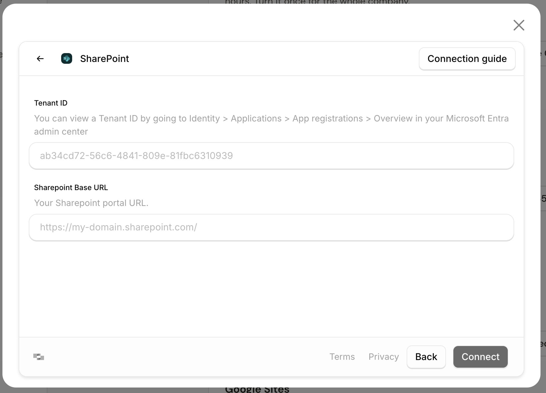 Enter Tenant ID and SharePoint Base URL Enter Tenant ID and SharePoint Base URL