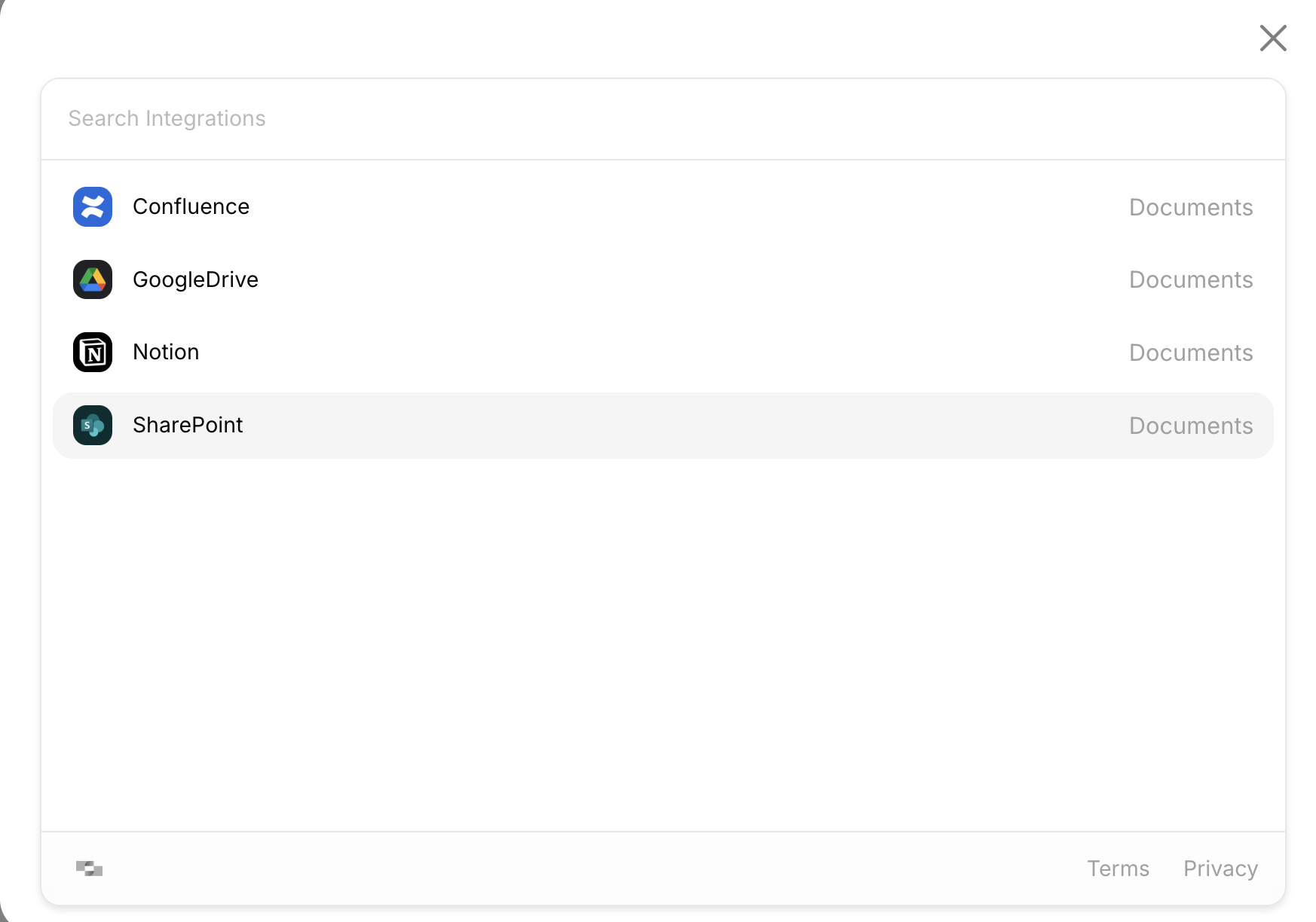 Select SharePoint from the integration modal Select SharePoint from the integration modal