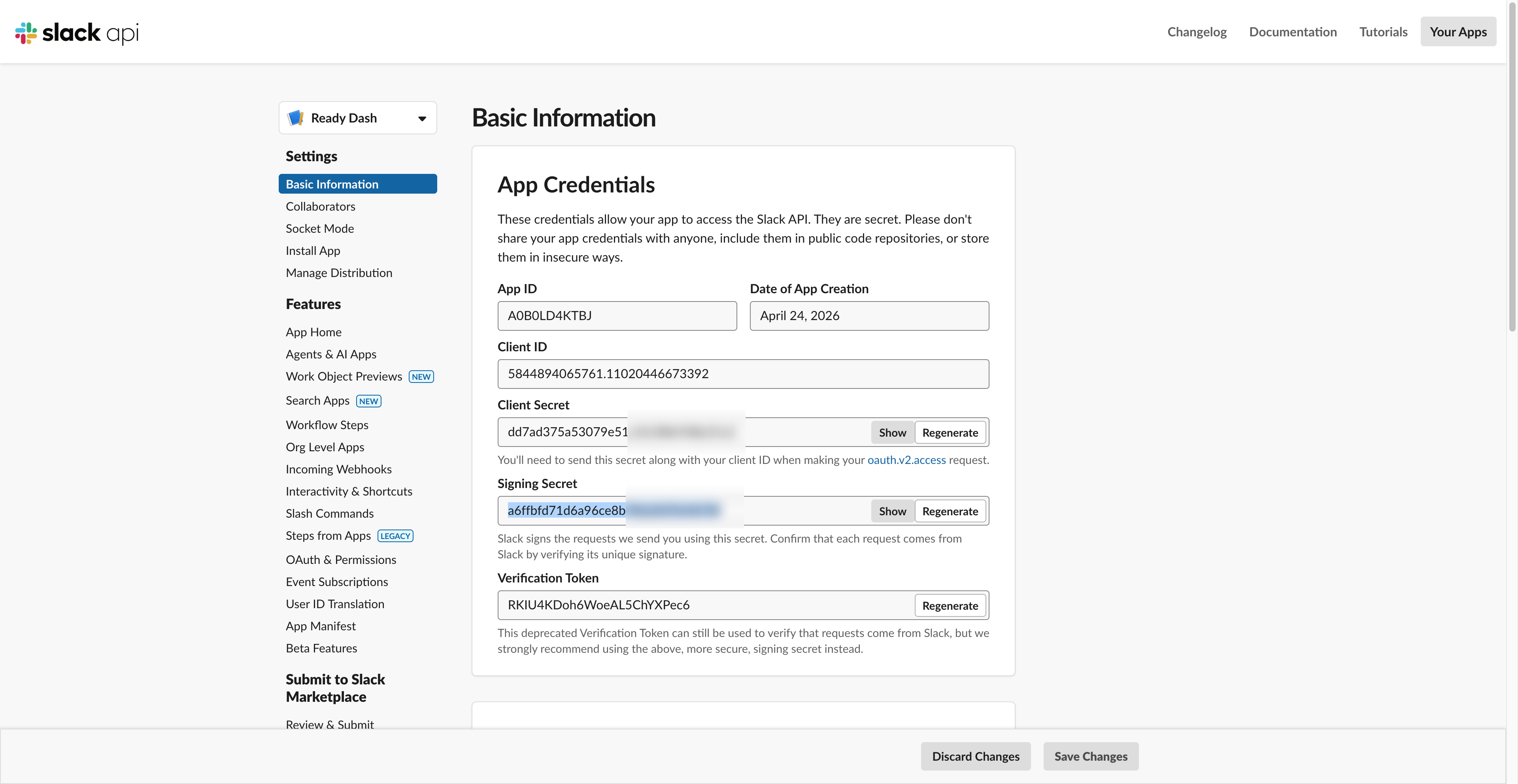 image.png Slack App Credentials panel showing Client Secret and Signing Secret fields