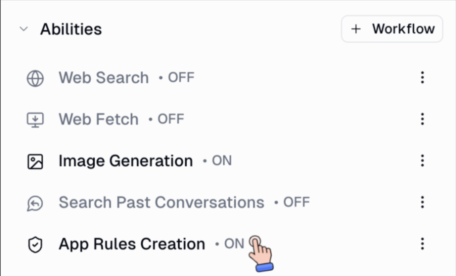 App Rules Creation toggle in the agent Abilities section