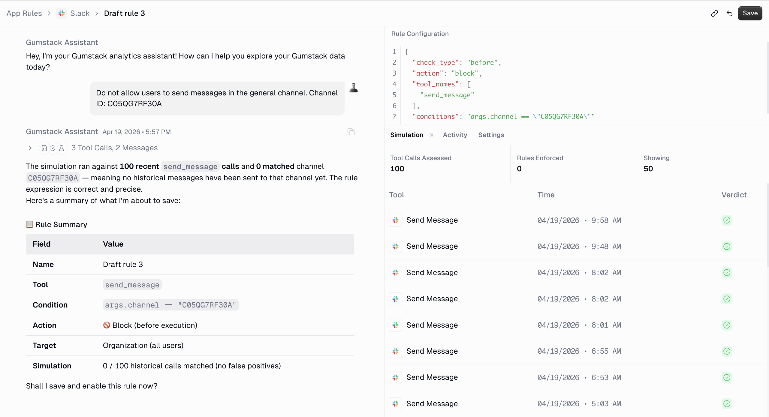 AI rule builder with chat on the left and generated rule configuration plus simulation on the right