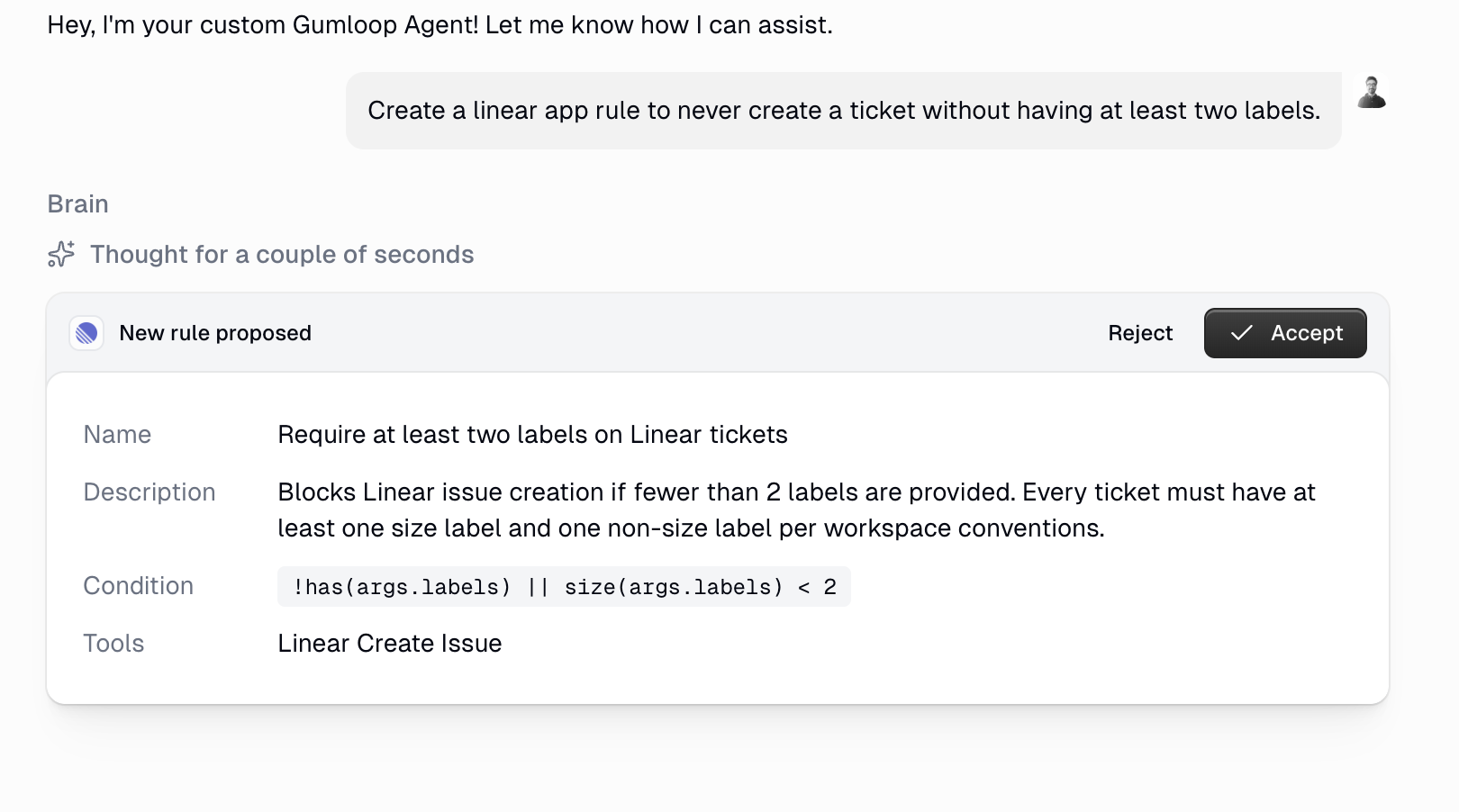 Agent chat showing a rule proposal card with Accept and Reject buttons