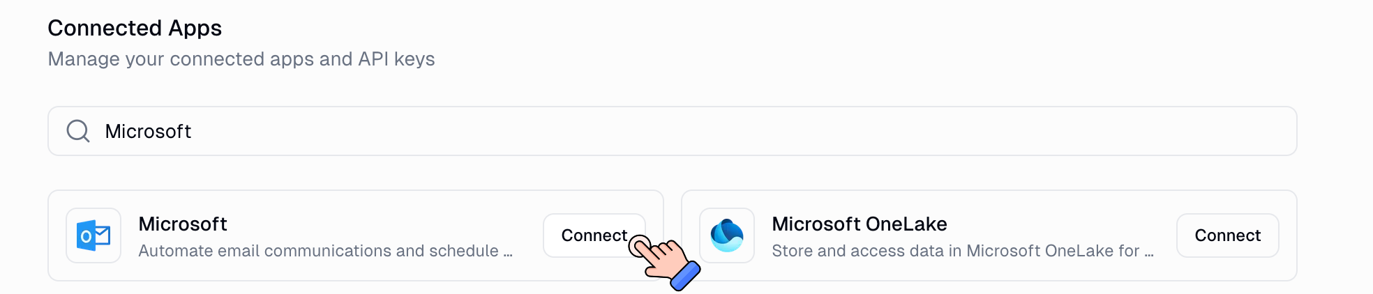 connect-fresh-credential.png Connected Apps search filtered to Microsoft, with a cursor on the Connect button next to the Microsoft card
