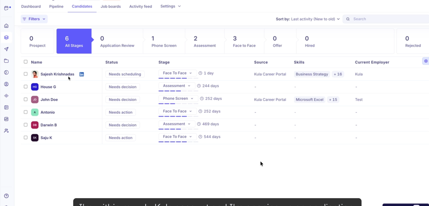 Candidates list view showing pipeline stages