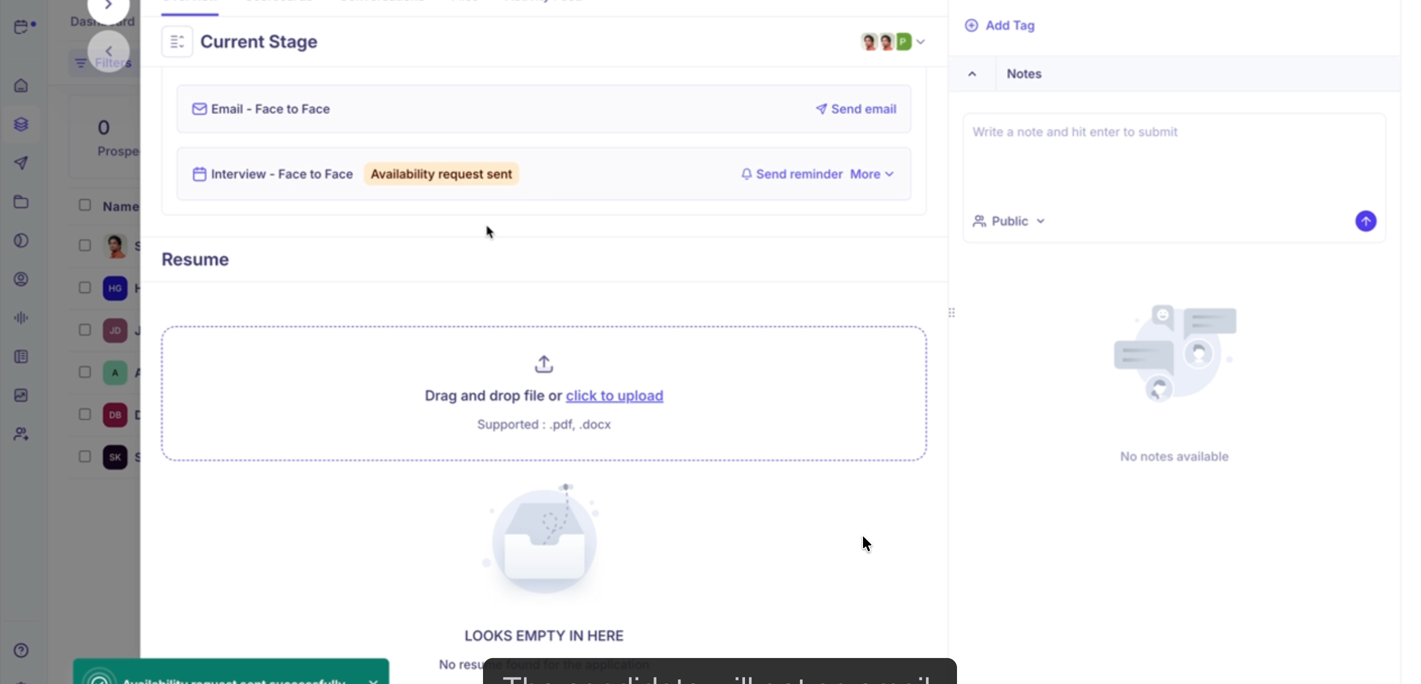 Interview card showing 'Availability request sent' status with Send reminder option