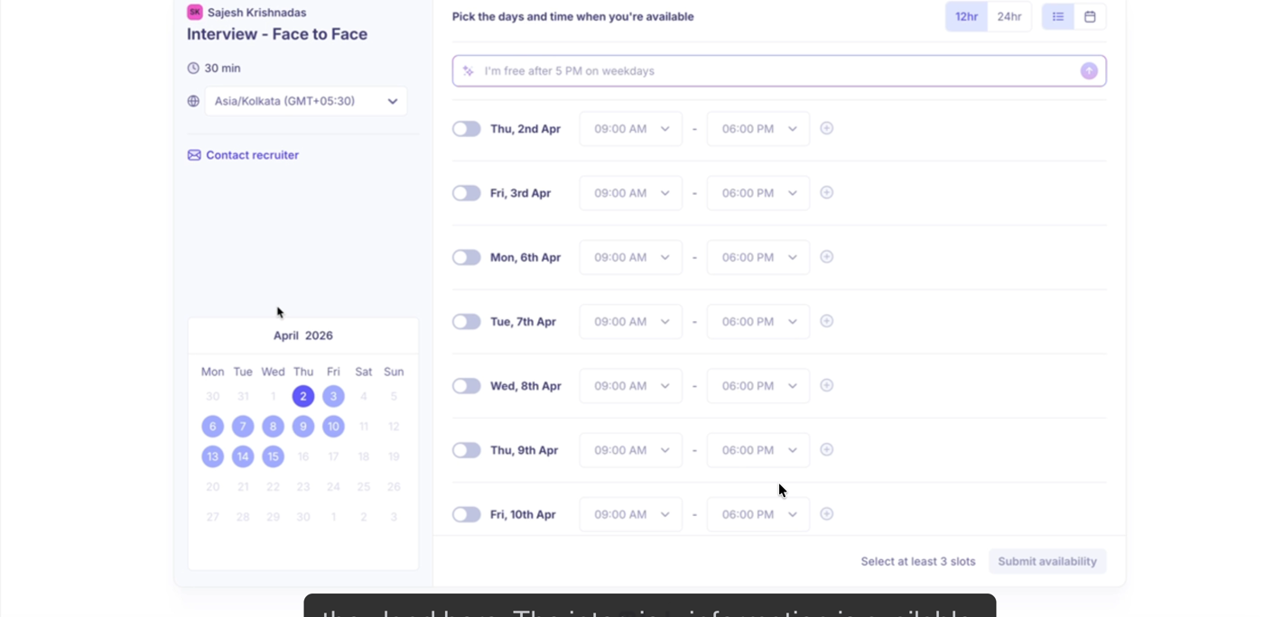 Candidate-facing availability page showing date toggles and time slot pickers