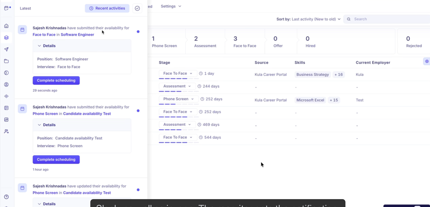 Recruiter's Recent Activities feed showing candidate availability submitted notification