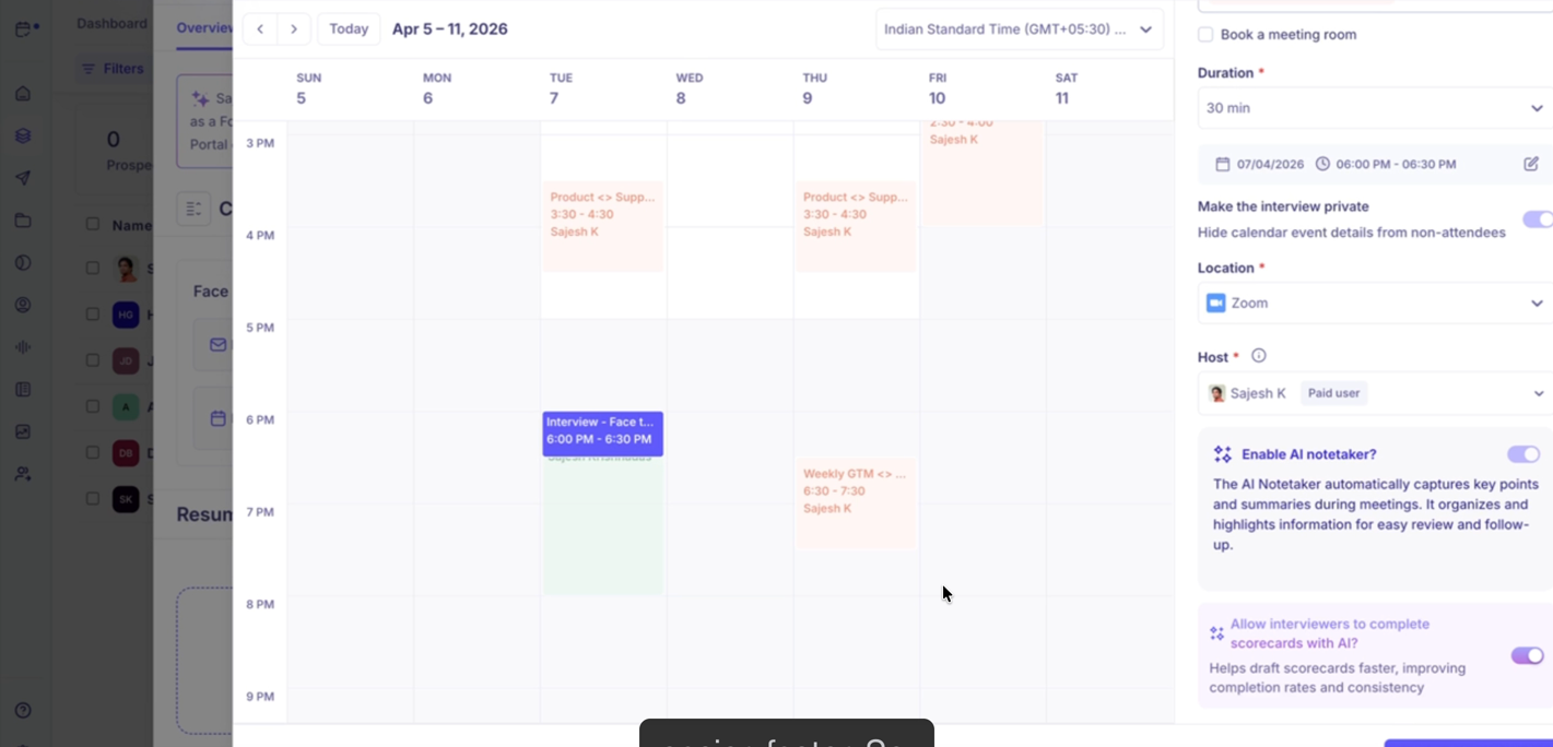 Scheduling panel with interview booked on the calendar