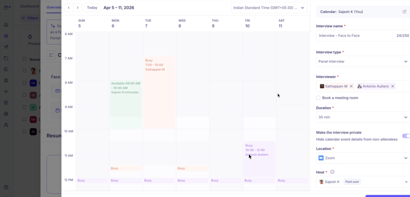 Calendar view overlaying candidate availability (green) with interviewer calendar (red)