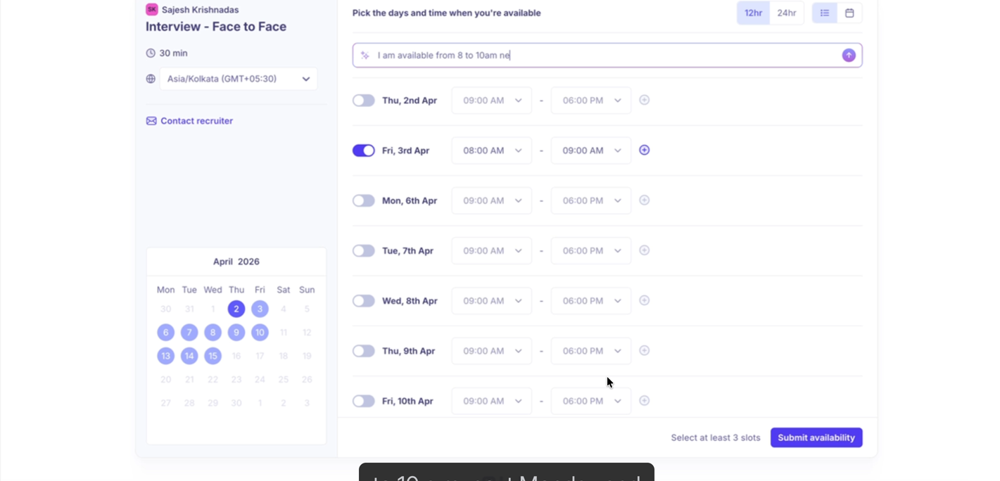Availability page with time slots selected and Submit availability button active