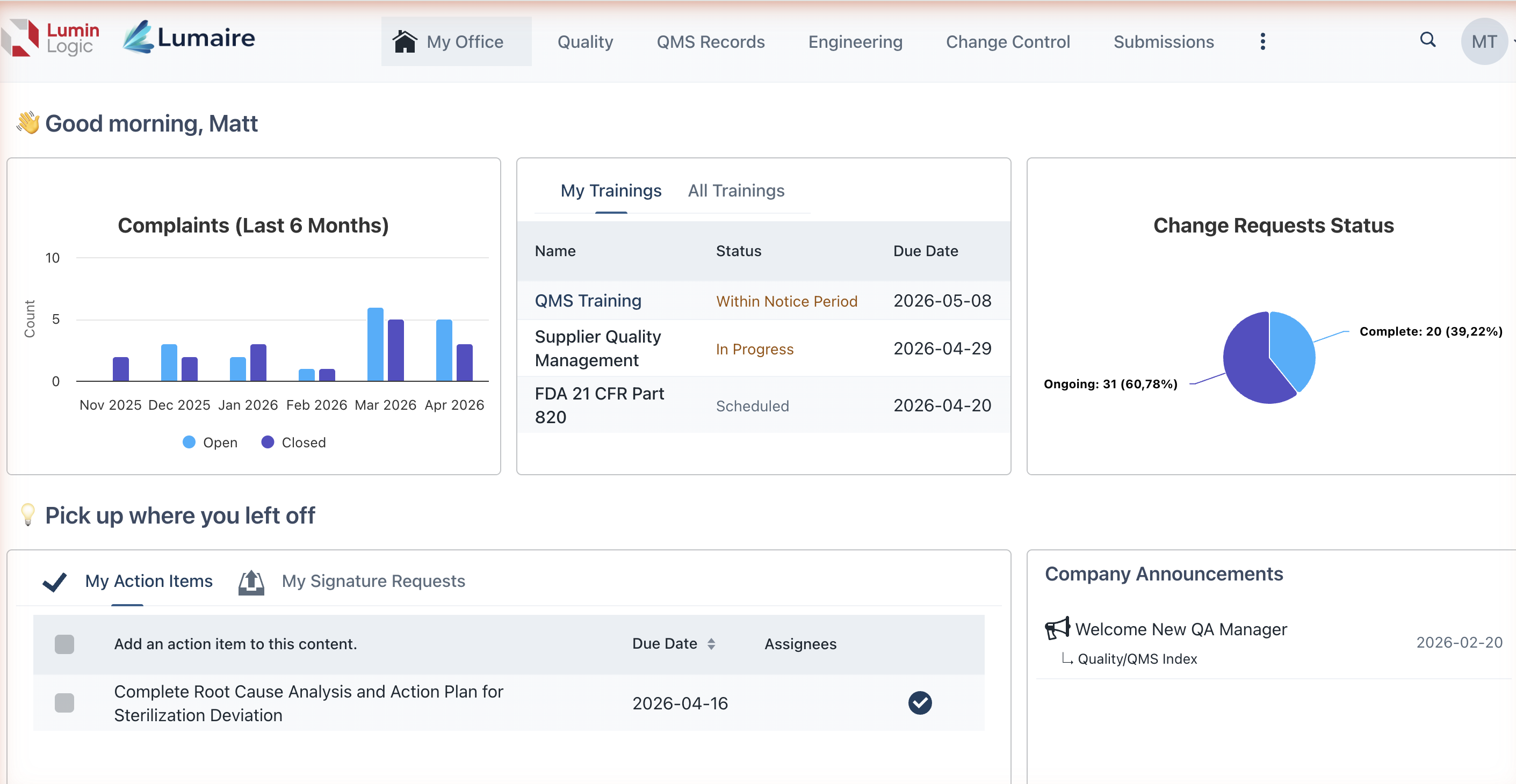 The My Office dashboard gives every user a personalized view of their quality responsibilities.
