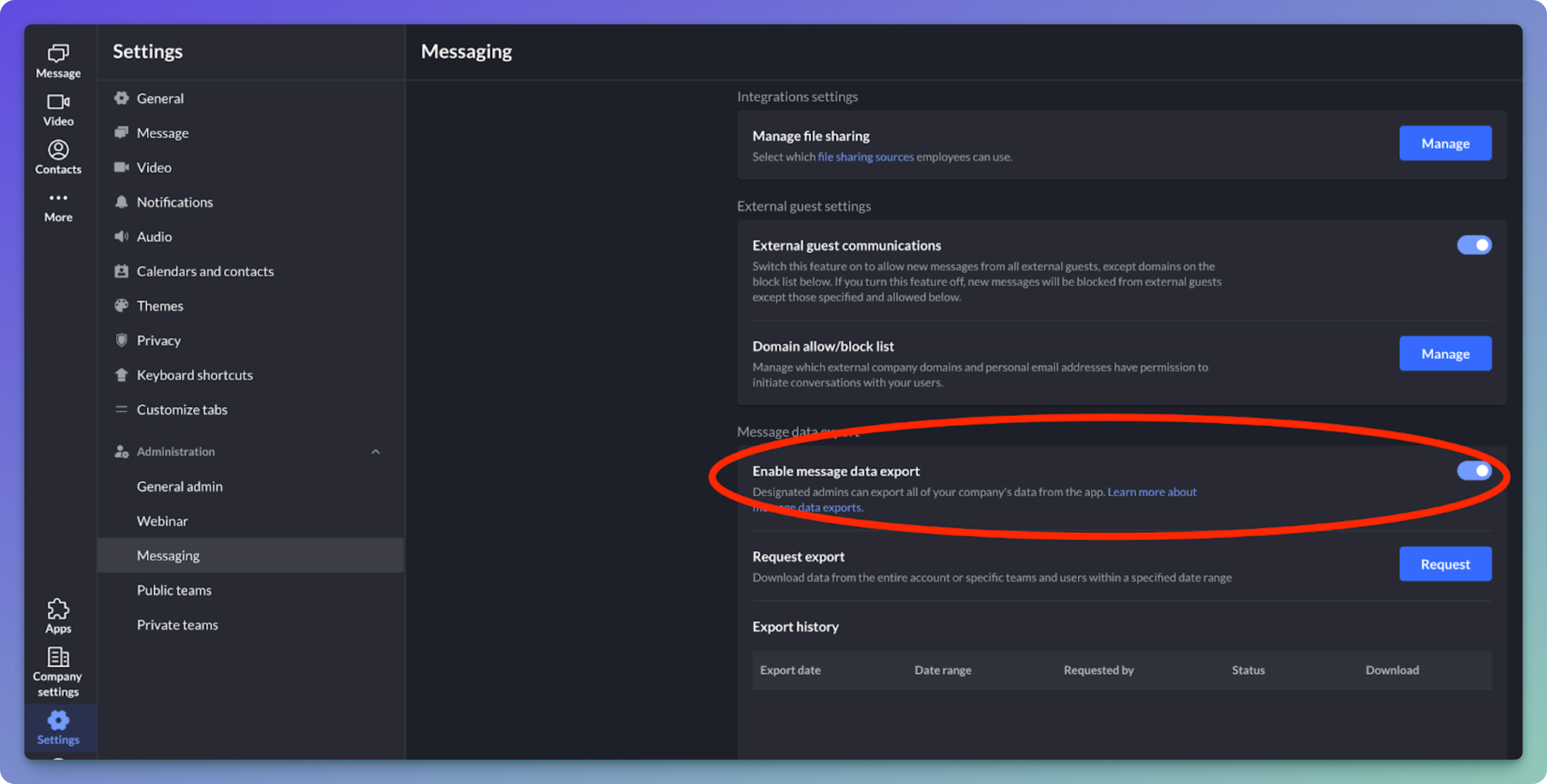 image.png RingCentral admin panel showing export settings with a red circle around "Enable message data export"