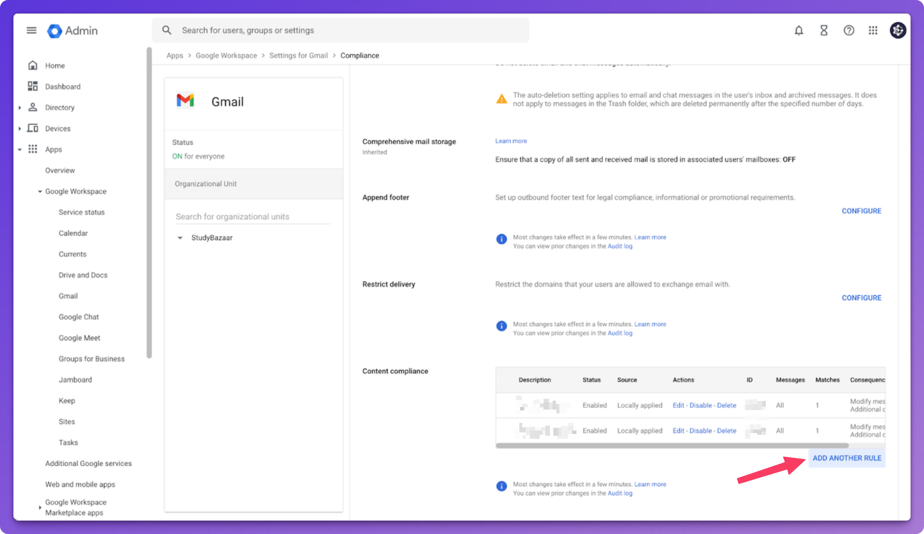 image.png Settings for Gmail page on Google Workspace with an arrow pointing to "Add another rule" under "Content Compliance"