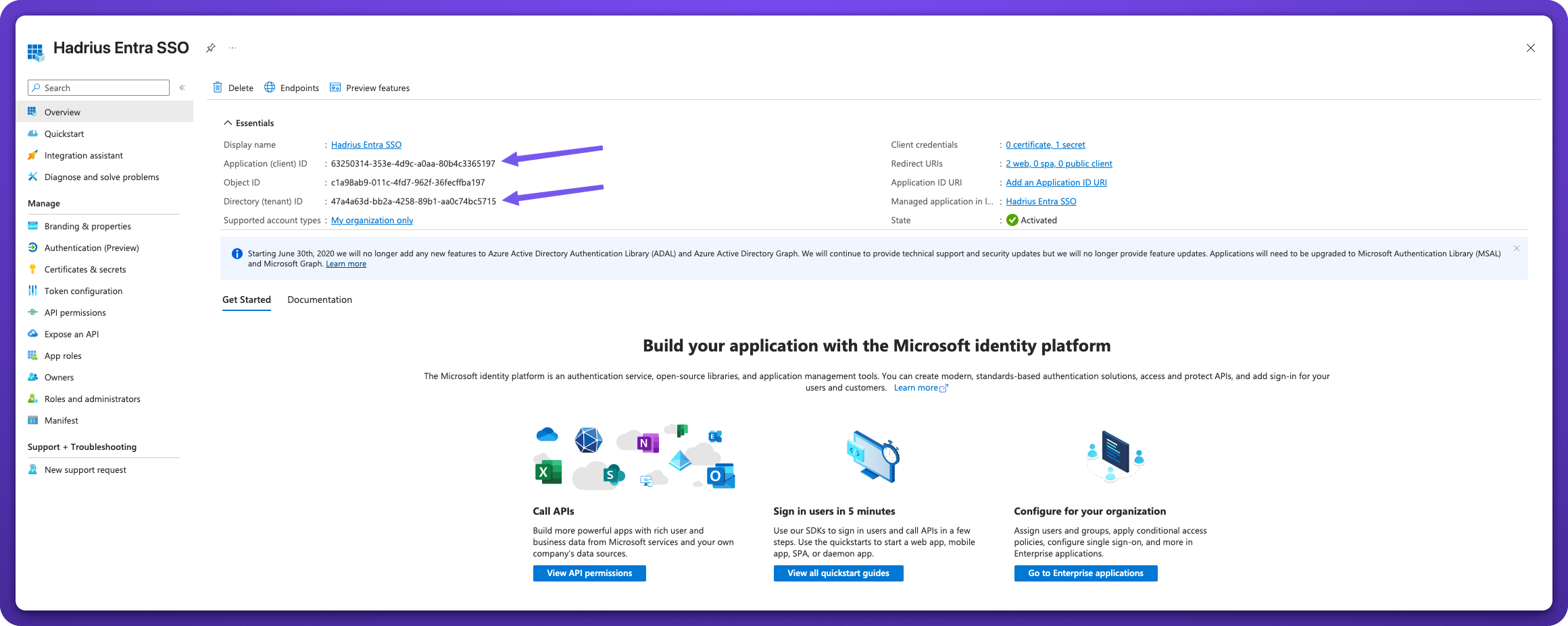 image.png Overview page of the app registration.