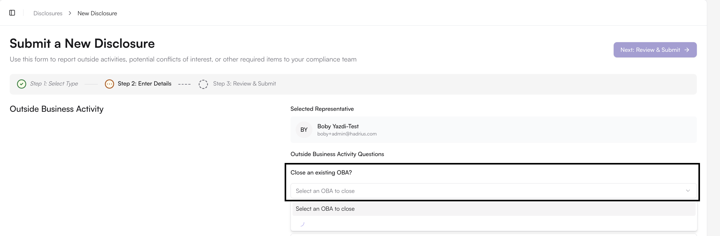 Software form showing a dropdown to select an OBA to close or mark inactive