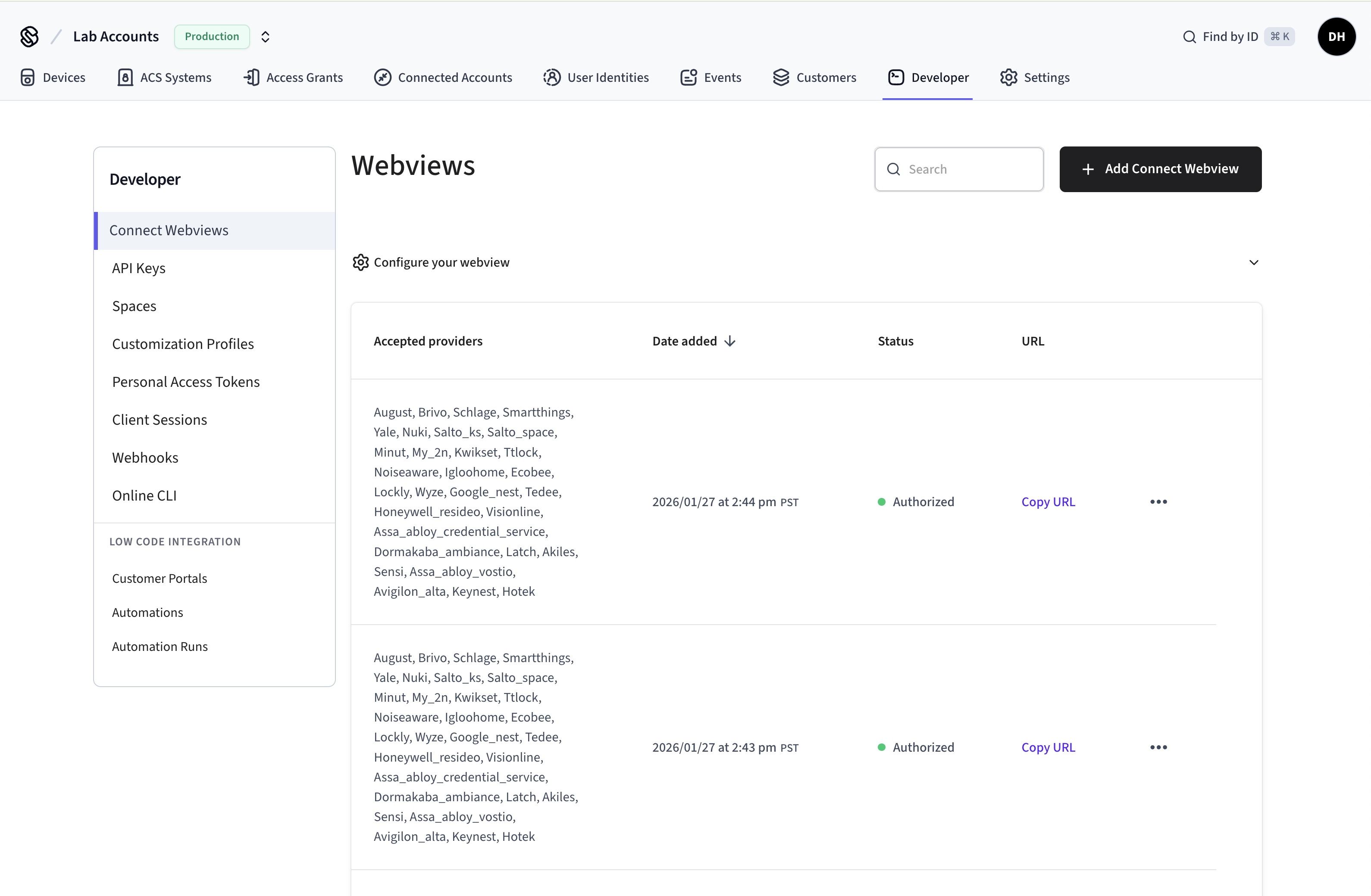 Image of the Developer > Connect Webviews screen showing a list of webviews and their authorization status.