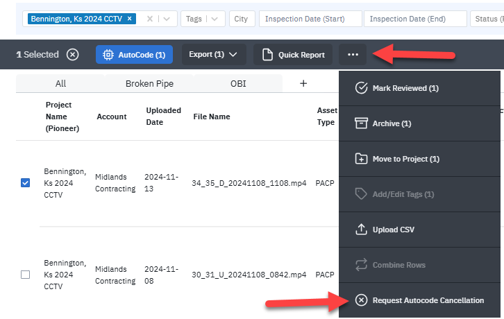 Interface showing options to manage inspections, including requesting auto code cancellation