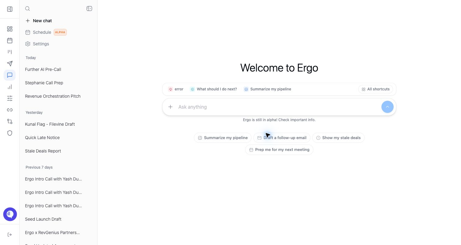 Product screenshot showing Ergo AI chat, sources, actions, and scheduled runs.