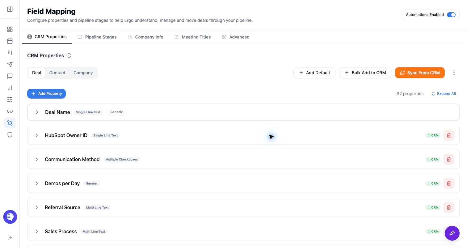 Product screenshot showing CRM properties, pipeline stages, and sync checks.