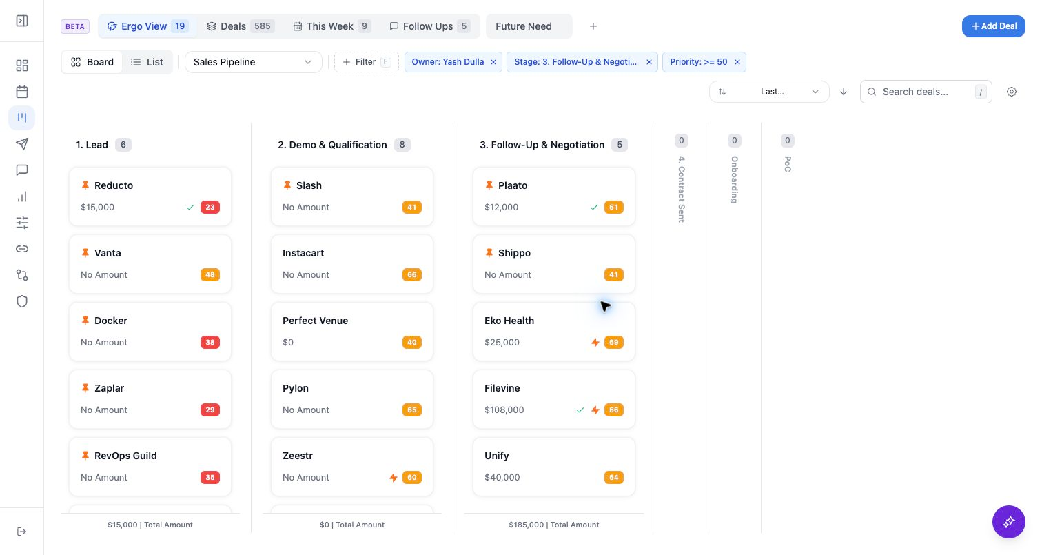 Product screenshot showing pipeline views, filters, deal health, and CRM context.