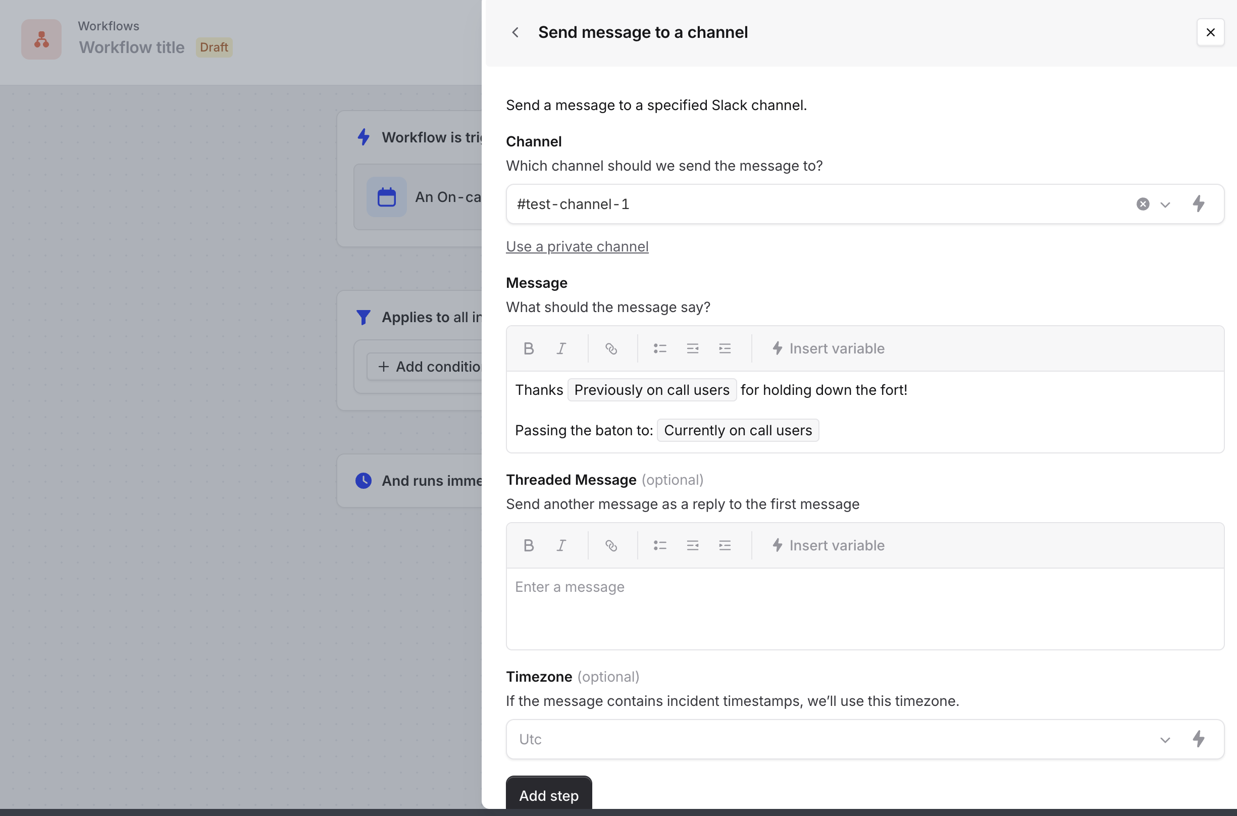 Workflow configuration showing message setup with variables for previously and currently on-call users
