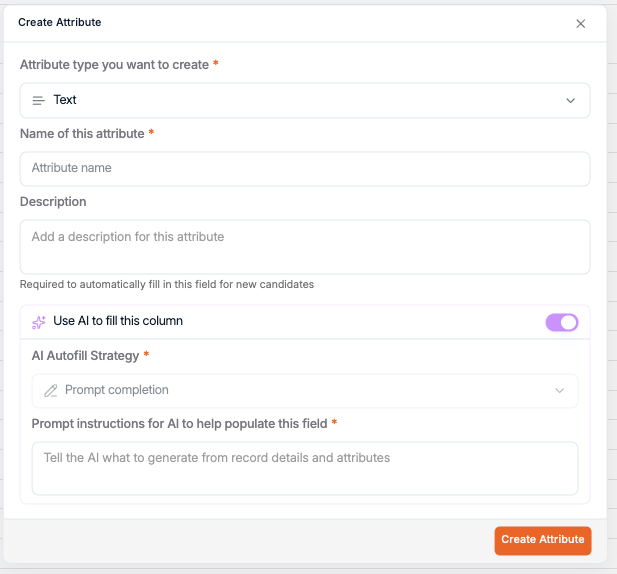 Create Attribute panel with AI-assisted autofill options