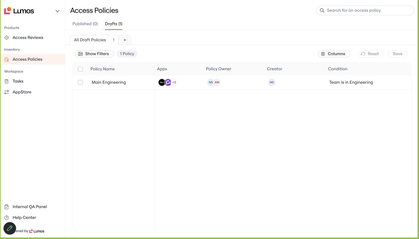 The policy owner's view: an Access Policies page listing only the policies they own