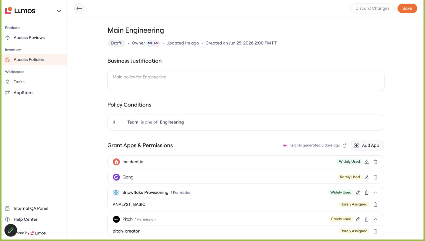 A policy open in the owner view: apps and permissions editable, each row carrying a usage insight badge