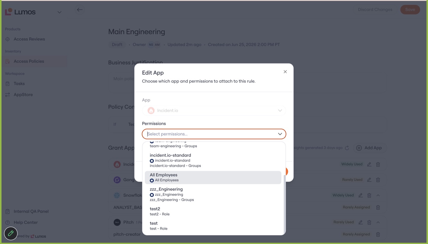 The Edit App dialog: the owner picks from the app's groups and roles