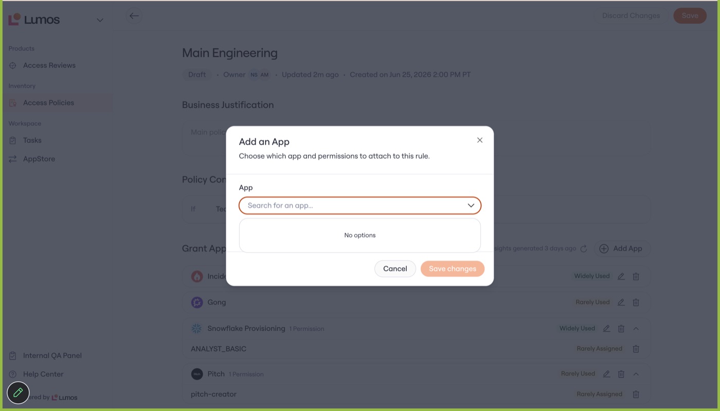 The Add an App dialog showing No options because the owner lacks the app-view permission