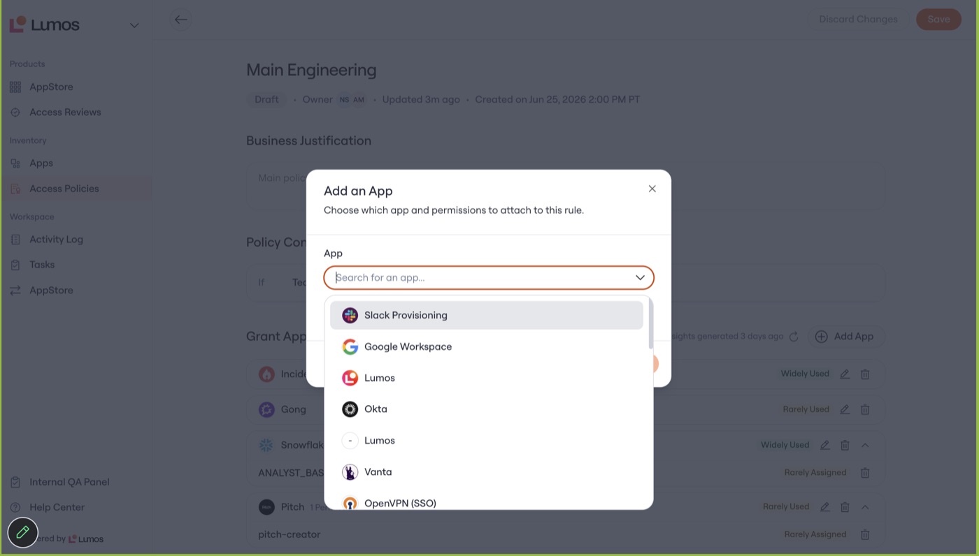 The same Add an App dialog listing the org's apps after the permission was granted