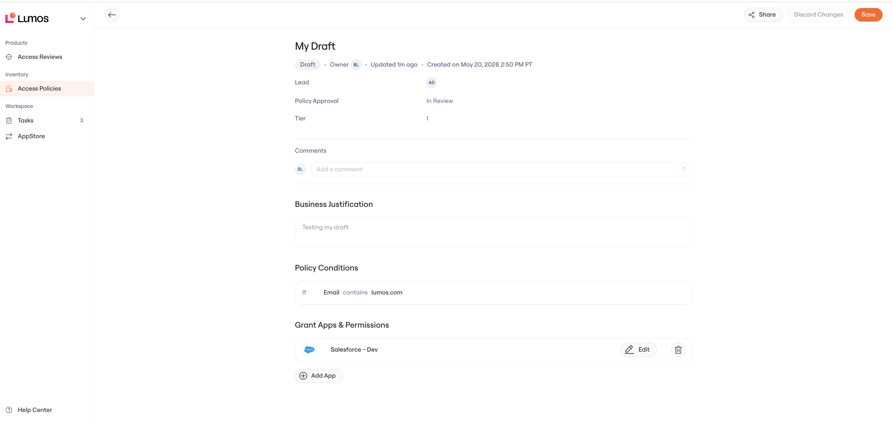 policy-approval-attribute.png An access policy page showing its conditions, business justification, and the apps and permissions it grants