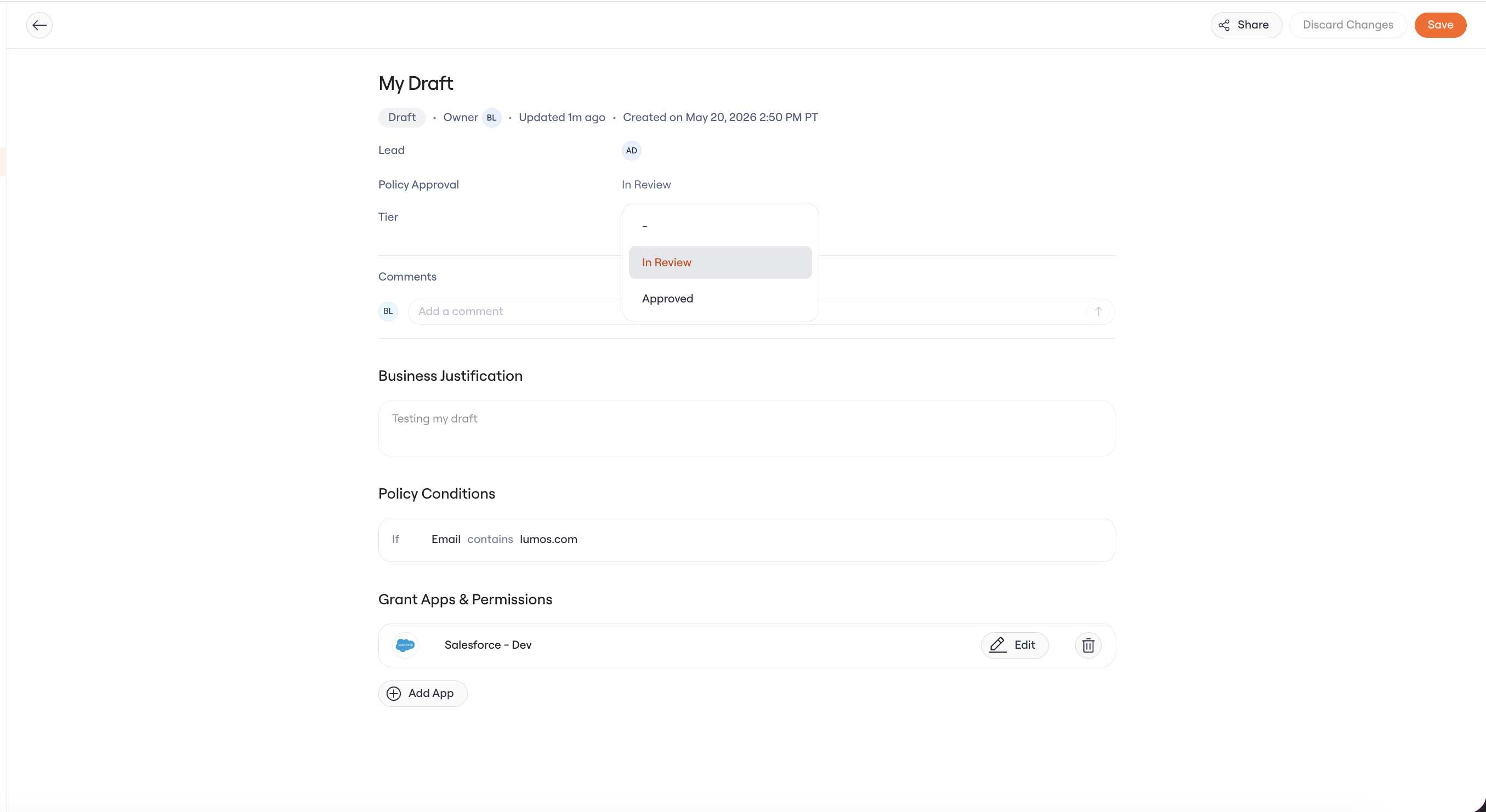 policy-approval-enums.png The approval field's dropdown on a policy, with In Review and Approved options