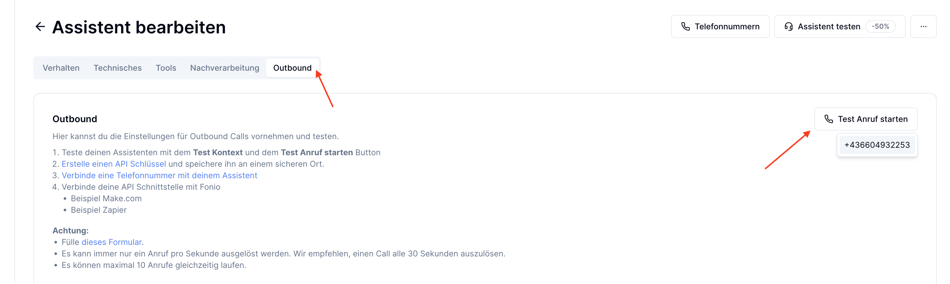 Assistant editor showing the Outbound tab with Start Test Call button