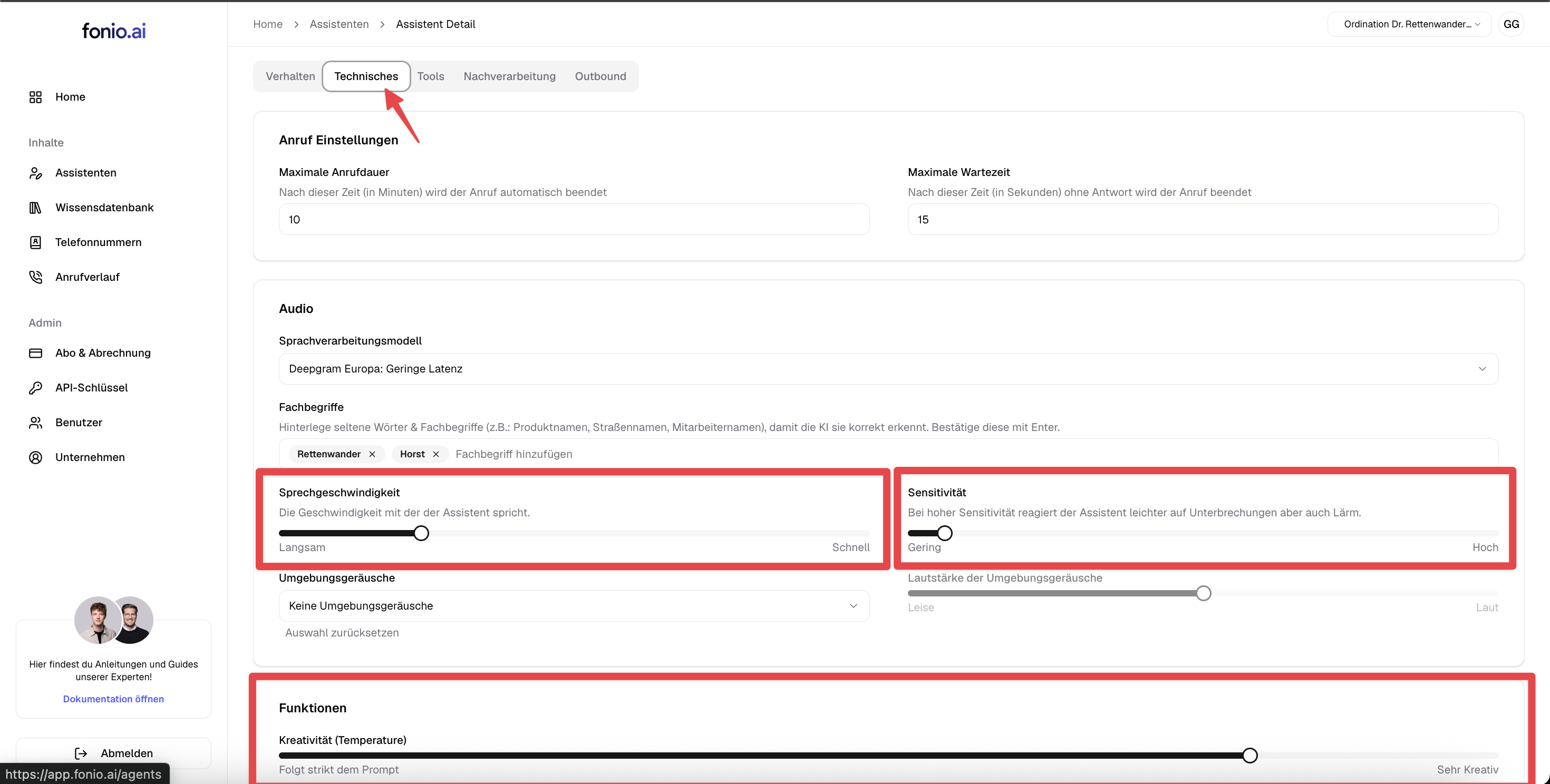 Software settings page showing audio controls for speed, sensitivity, and creativity adjustments