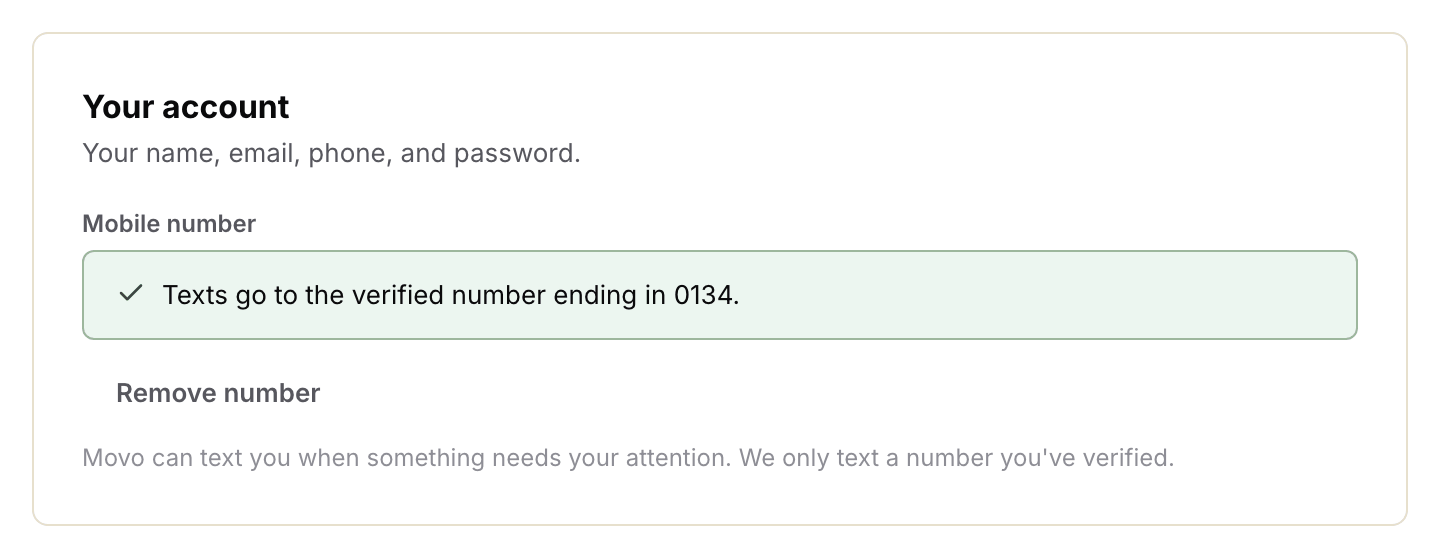The Mobile number field after verifying, showing the last four digits