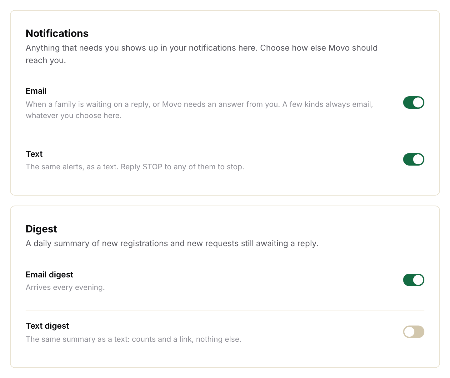 The Notifications section of Settings with the Text switch on