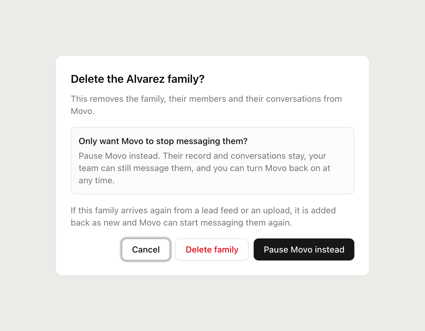 The delete dialog offering Pause Movo instead