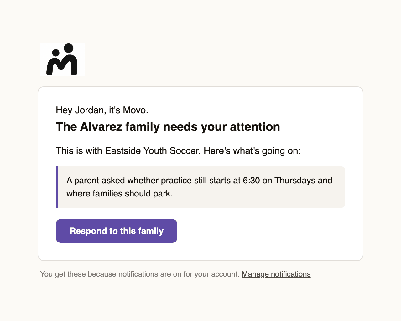 An email from Movo saying a family needs your attention