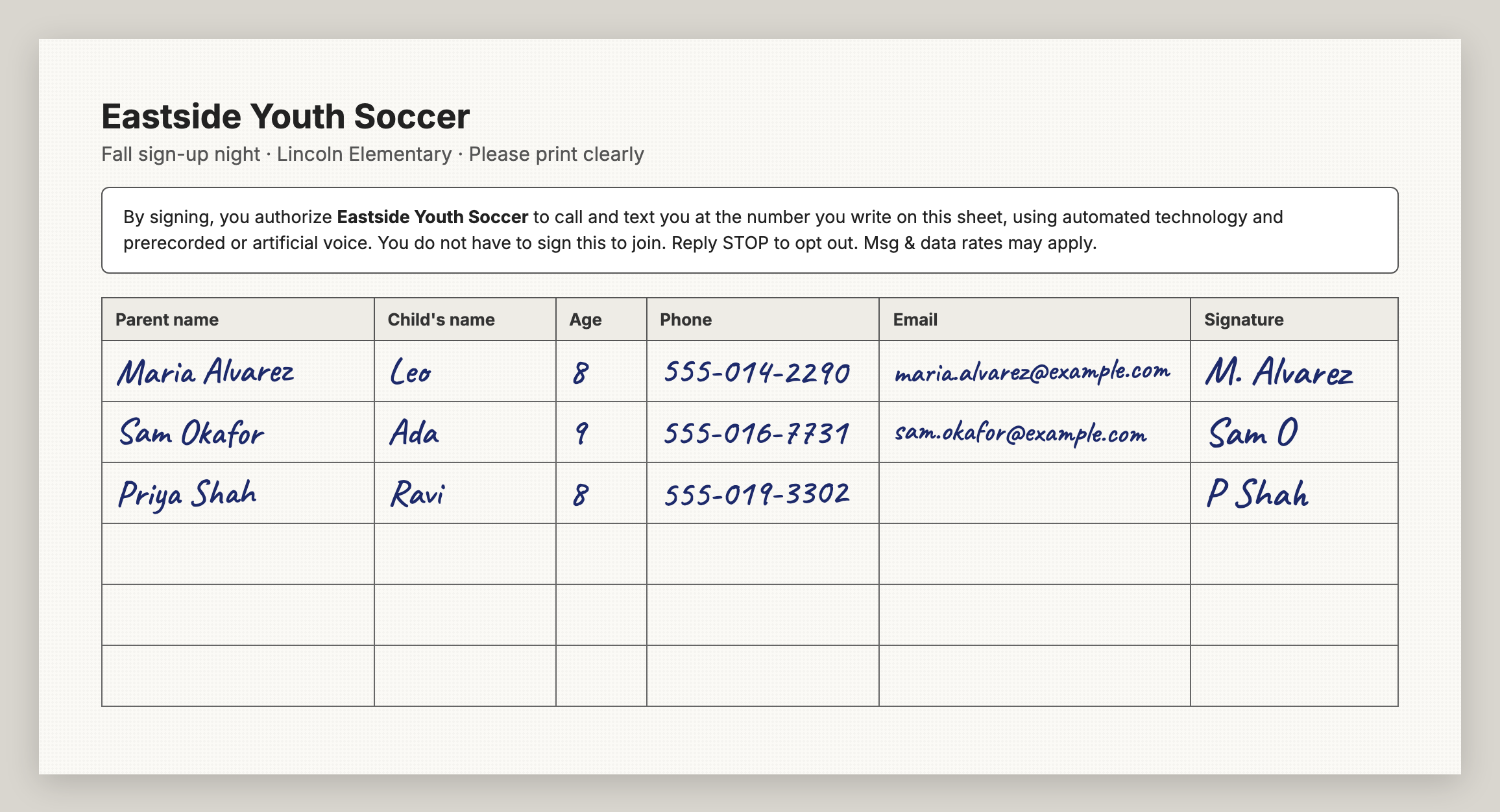A sign-up sheet with the consent wording at the top, columns for parent name, child's name, age, phone, email and signature, and three families filled in by hand