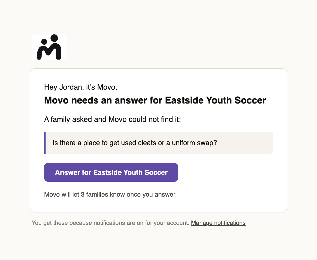 An email from Movo asking for an answer