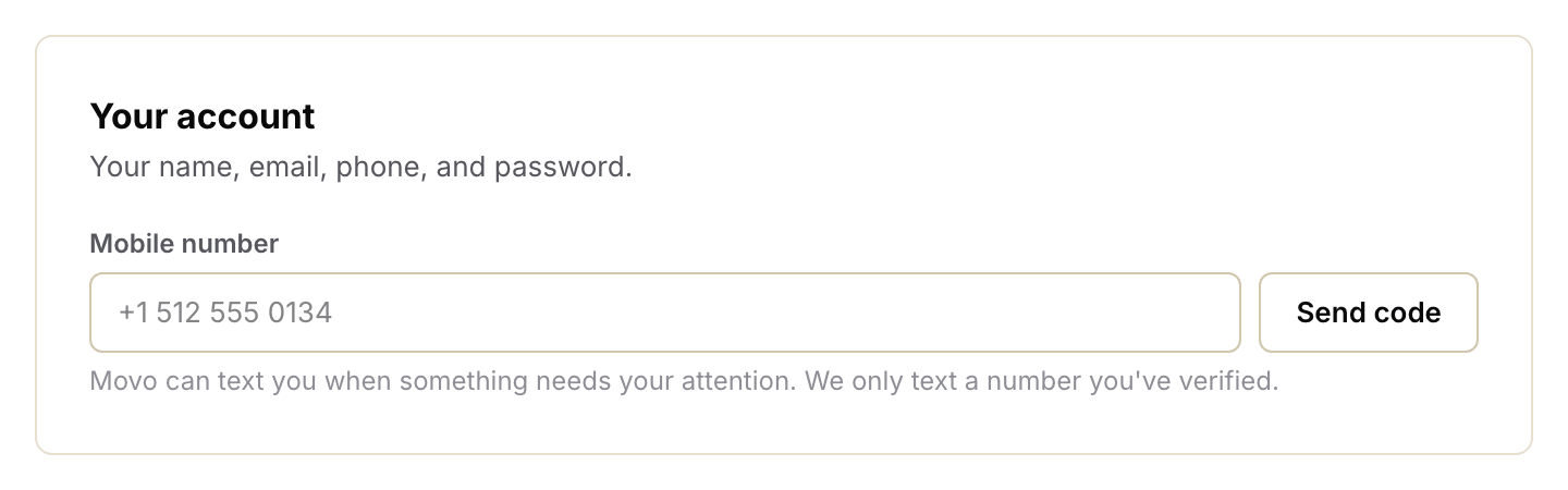 The Mobile number field in Settings, with a Send code button