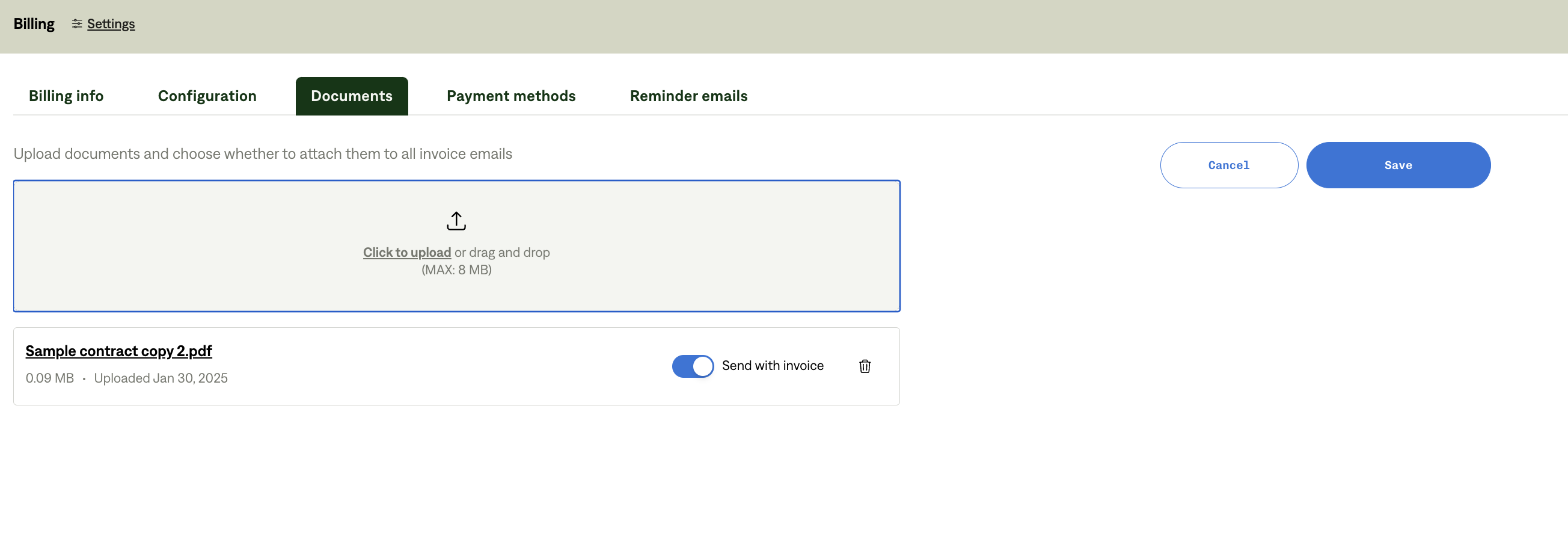 Image of the documents section in the billing settings of the Tabs Platform, showing an option to upload documents and choose whether to attach them to all invoice emails.