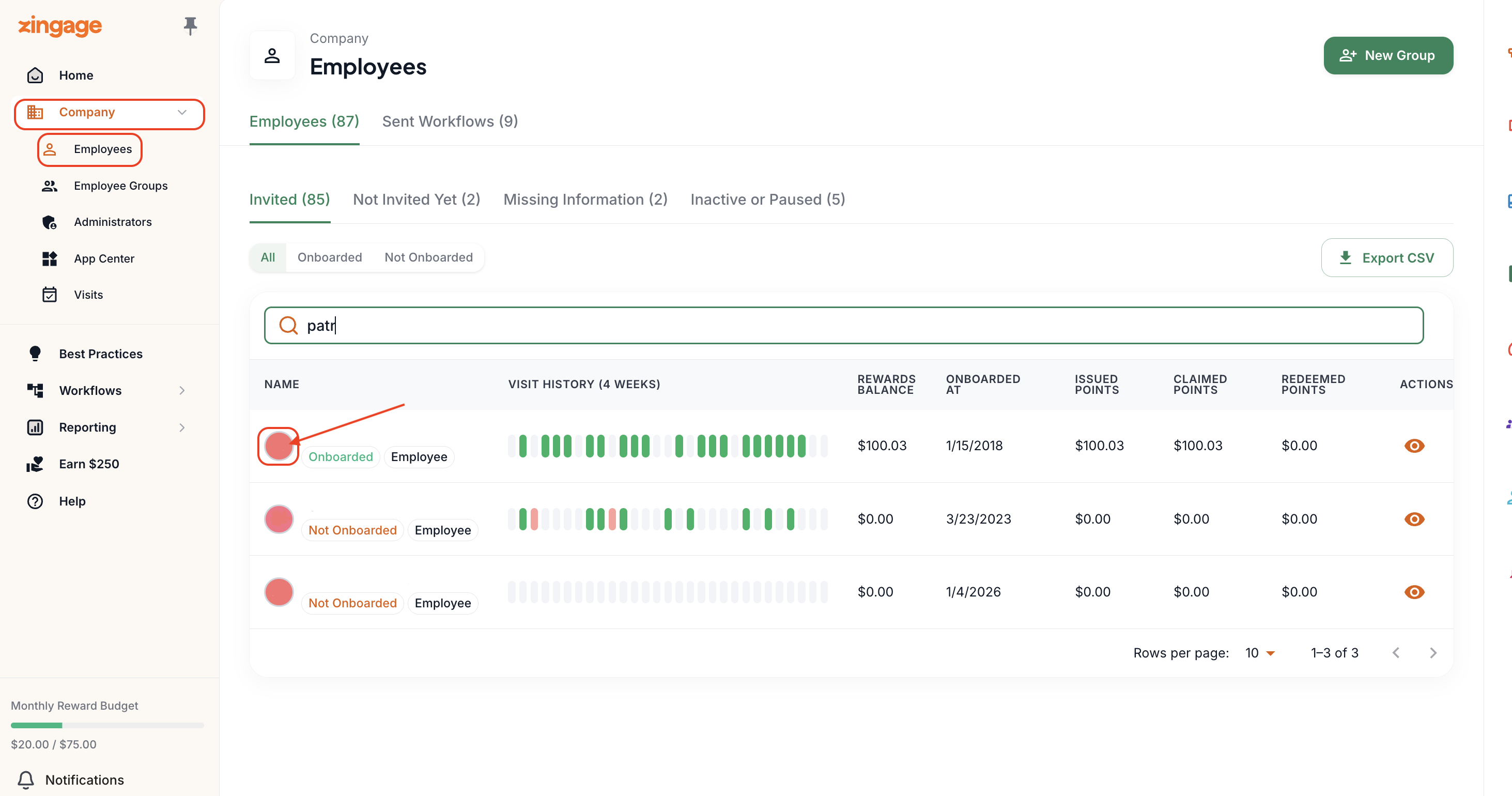 Dashboard page showing Employees under Company, with a list of employees displaying status badges and search functionality
