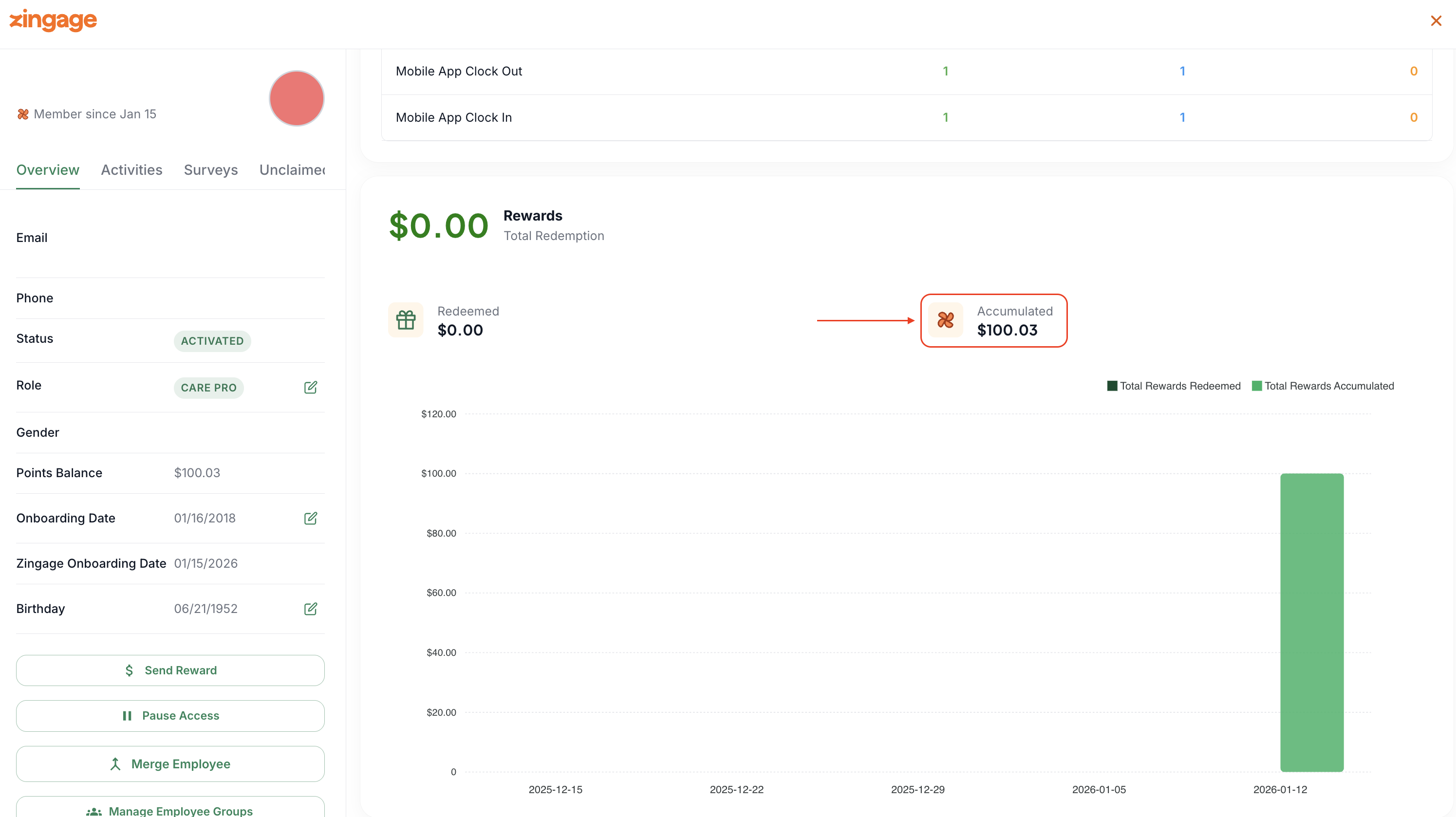 User dashboard displaying rewards balance with accumulated rewards amount highlighted