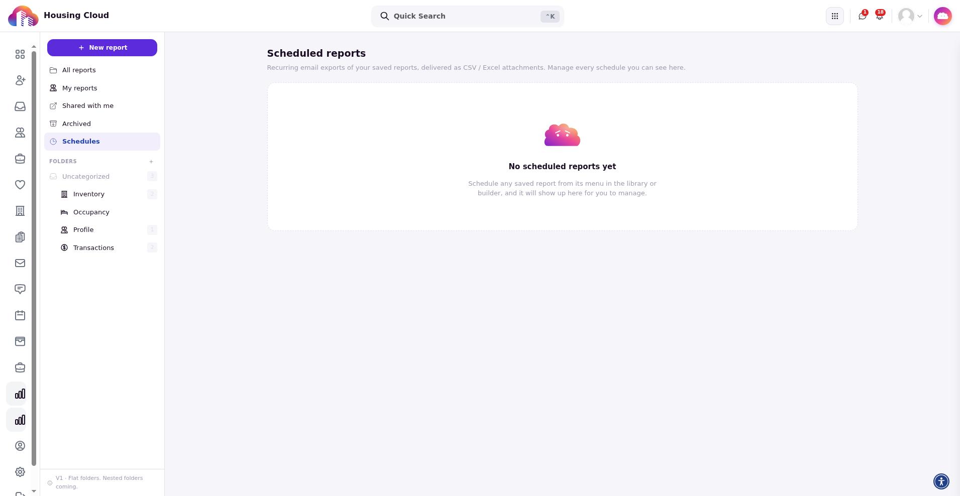 Reports library with Schedules selected in the left rail and the Scheduled reports panel