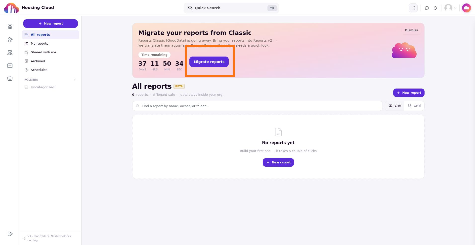 Migrate reports from Classic modal showing a loading state for Classic reports